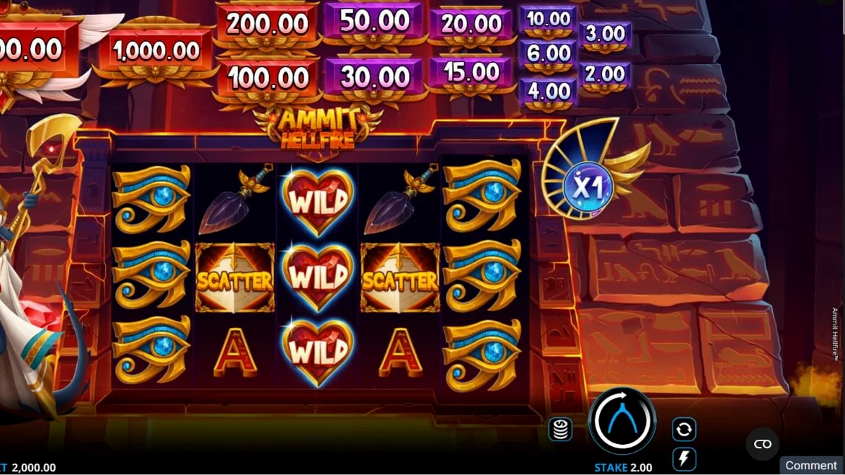 Tampilan visual slot Ammit Hellfire dengan latar belakang Mesir kuno dan karakter dewi Ammit.