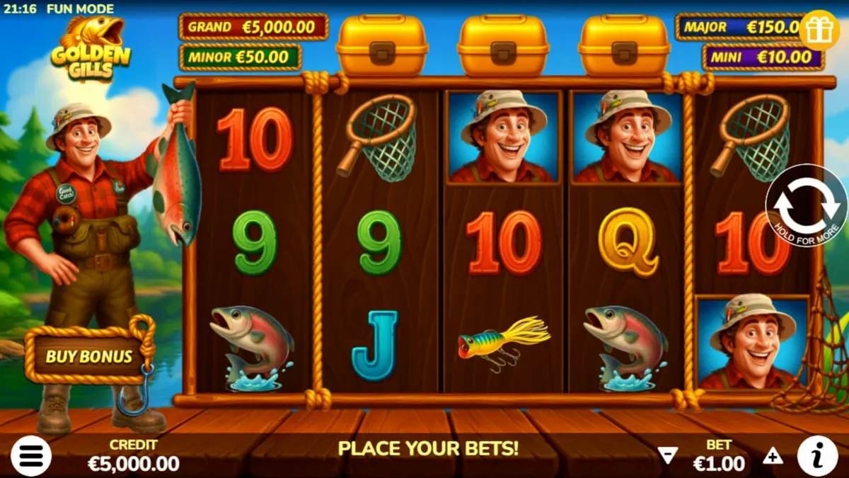 Tampilan visual slot Golden Gills yang menampilkan tema memancing di danau yang tenang.